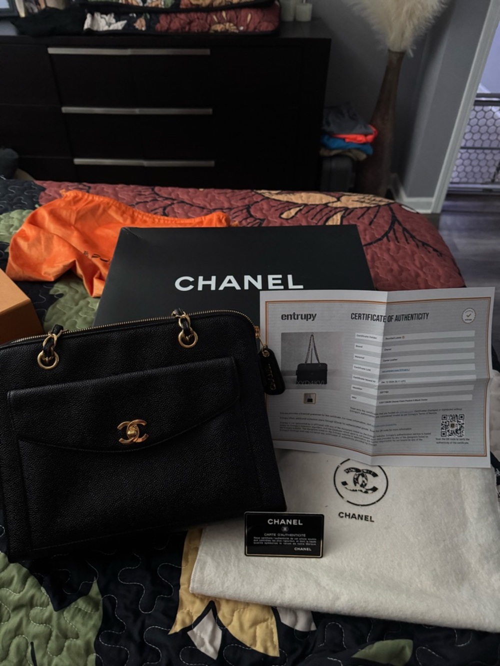 Authentic CHANEL Black Caviar Leather Shoulder Bag with Gold Hardware